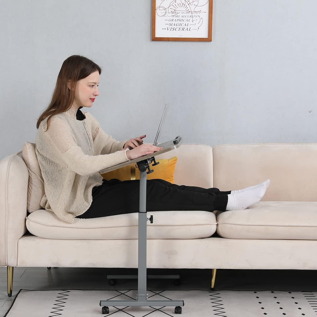 Adjustable Overbed Laptop Table on Wheels Bedside Desk Oak Grey