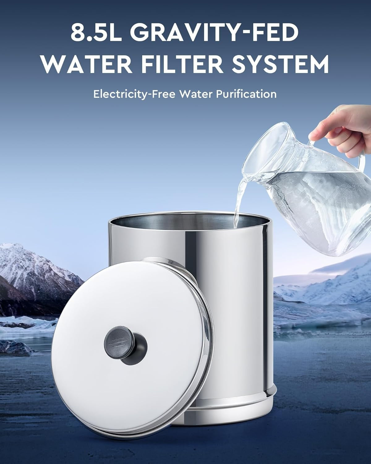 Gravity Fed Water Filter 8.5L Stainless Steel Countertop Purifier Stand
