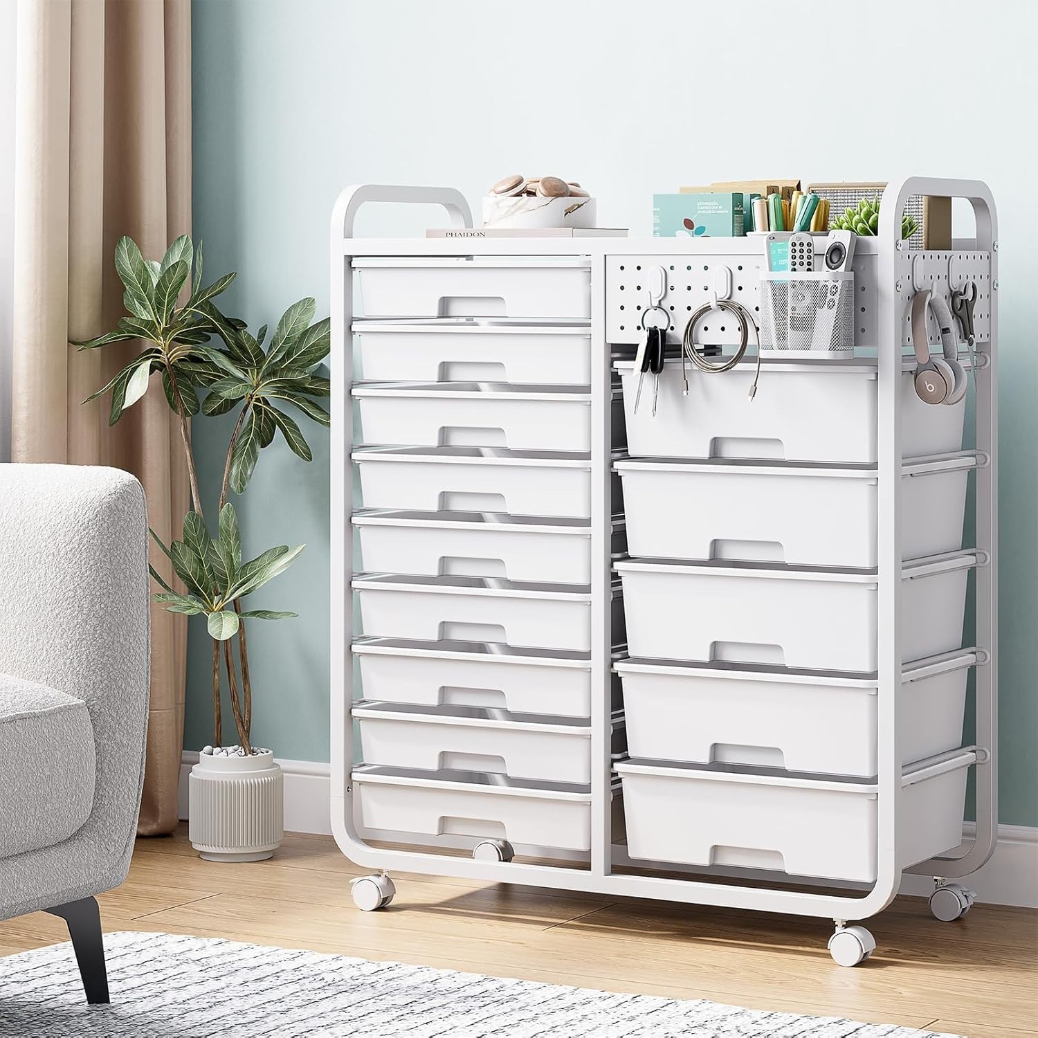 14 Drawer Craft Storage Trolley Cart with Pegboard & Wheels White