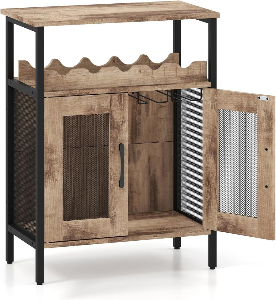 Industrial Wine Bar Cabinet with Wine Rack & Glass Holders Rustic Sideboard Grey