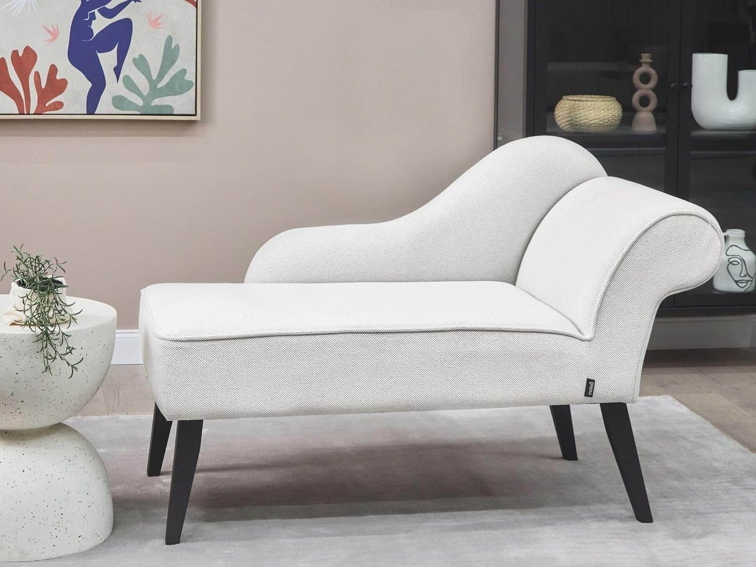 Vintage Right Hand Chaise Lounge White Fabric | Retro Sofa Seat, Black Legs