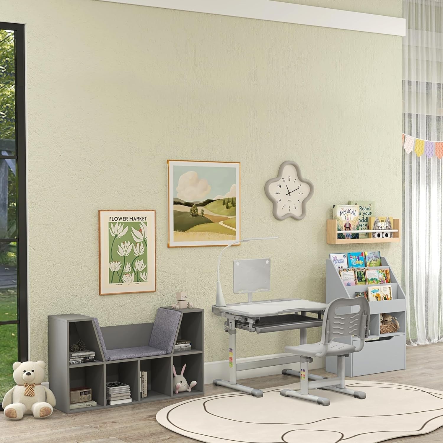 Height Adjustable Kids Study Desk Chair Set with Lamp & Storage Drawer