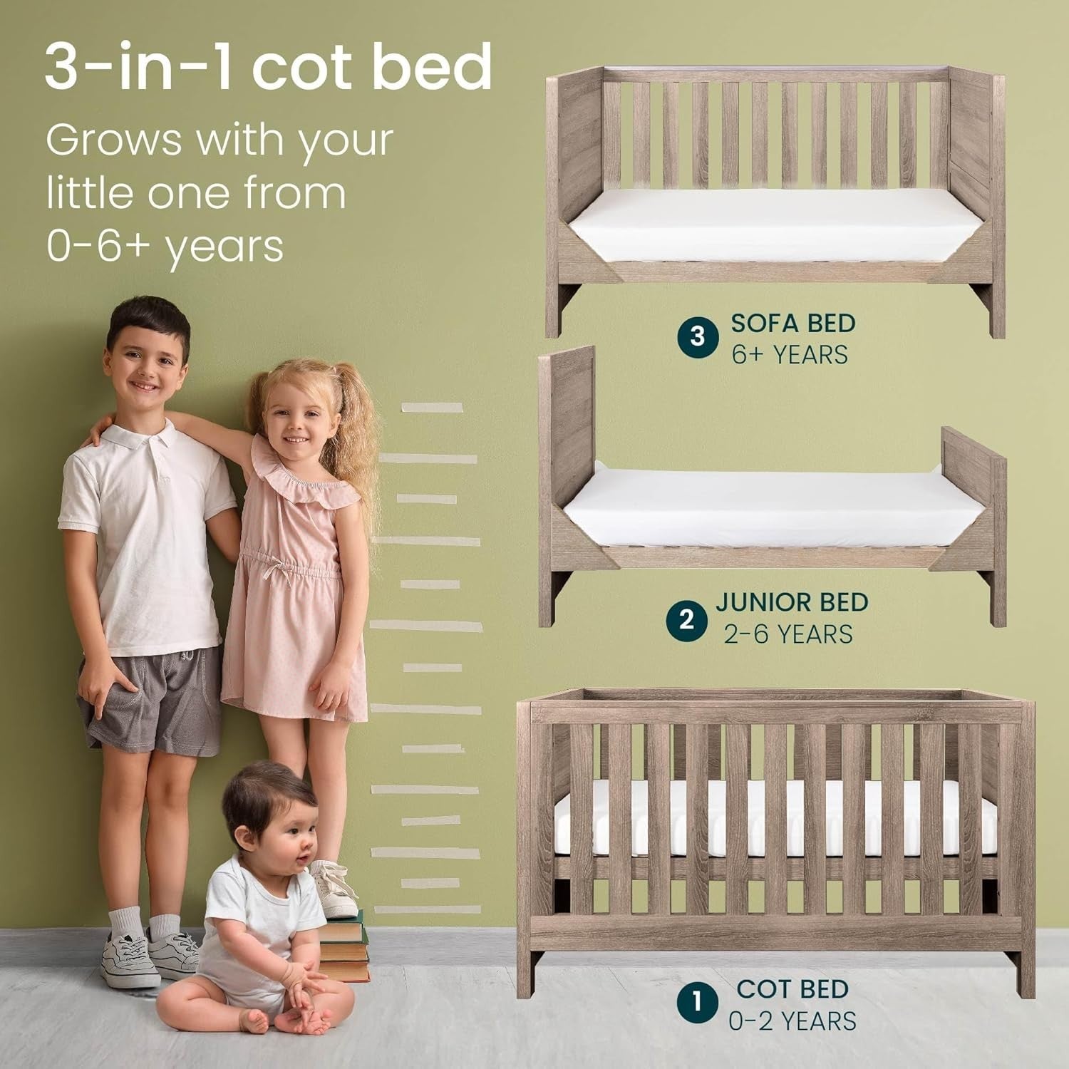 3in1 Wooden Baby Cot Bed Toddler Day Bed Adjustable Rails Brown Oak 140x70