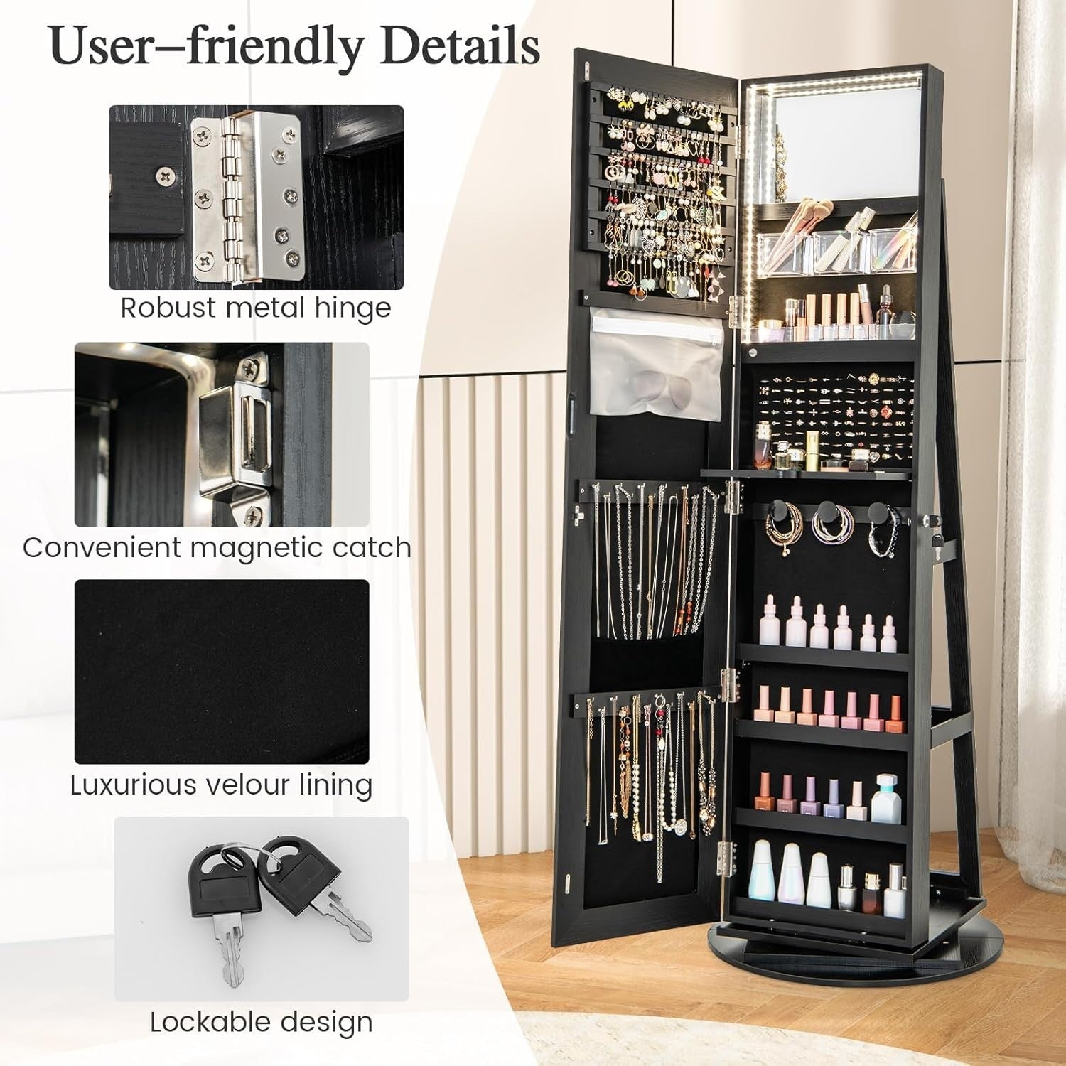Black Rotating Jewelry Organizer LED Full Mirror Lockable Storage Unit