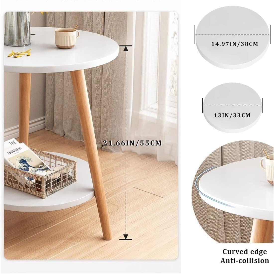 Modern 2-Tier Round Side Table with Metal Frame & Storage, 38x55cm White
