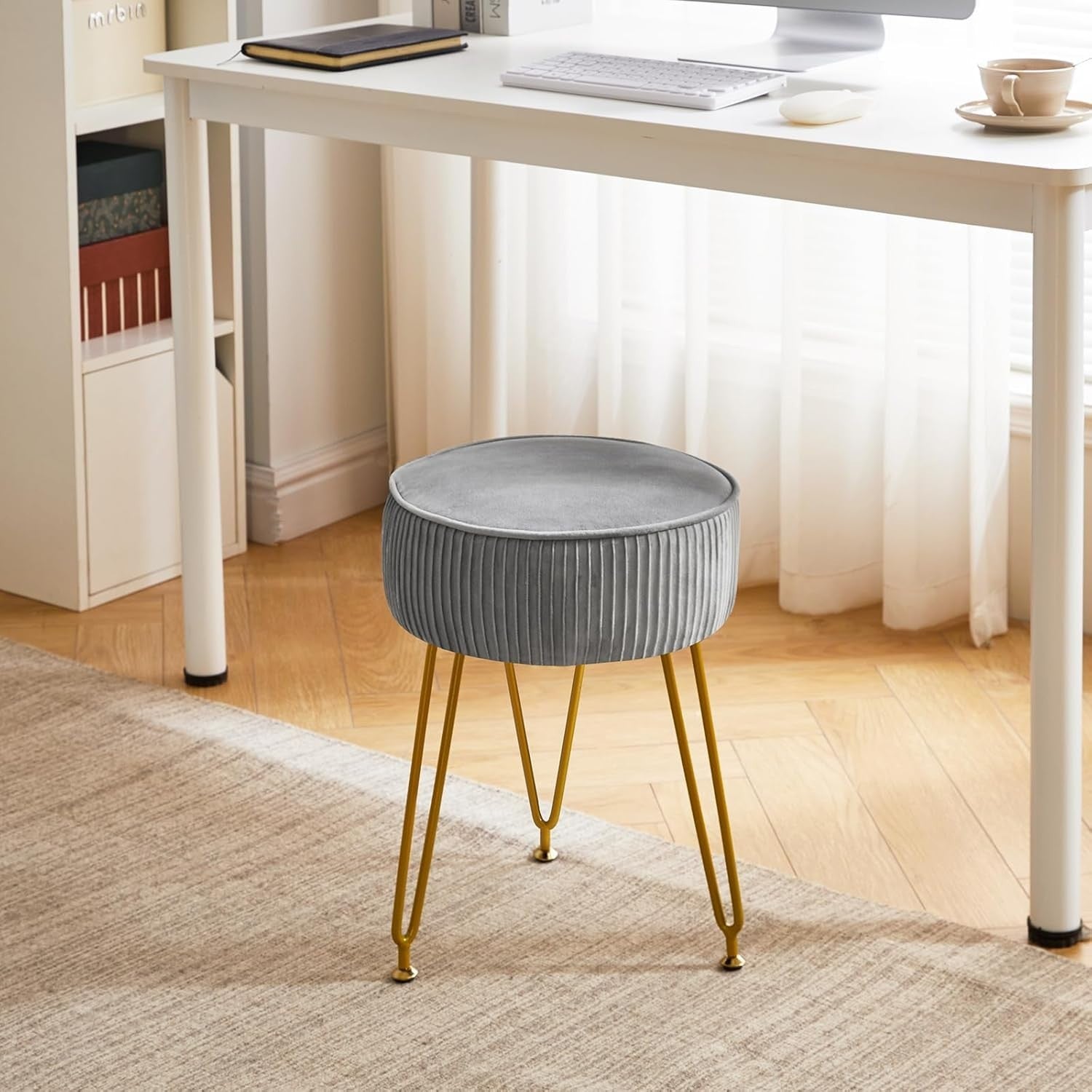 Gray Round Velvet Footrest Ottoman – Makeup Vanity Stool with Gold Legs