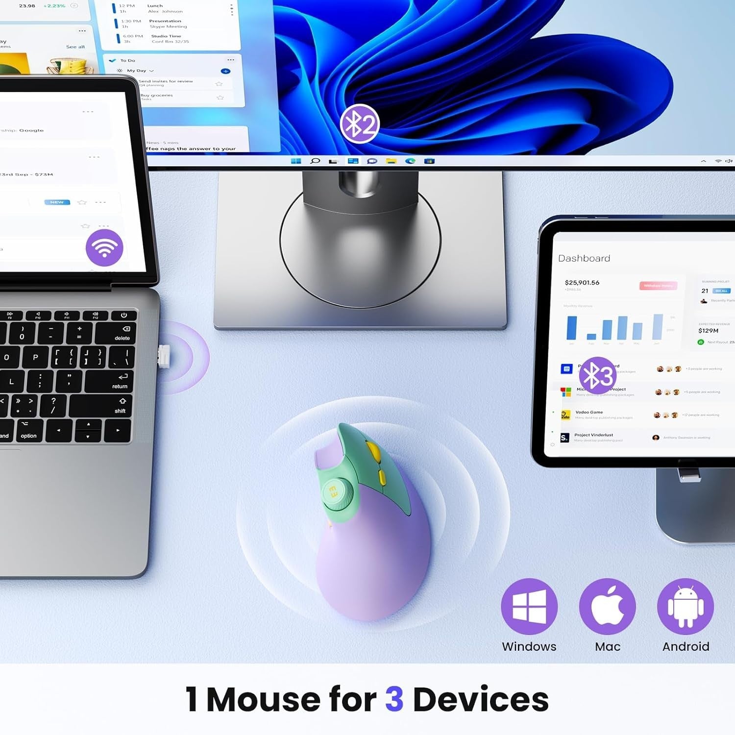 Vertical Ergonomic Wireless Mouse Rechargeable Bluetooth USB Purple