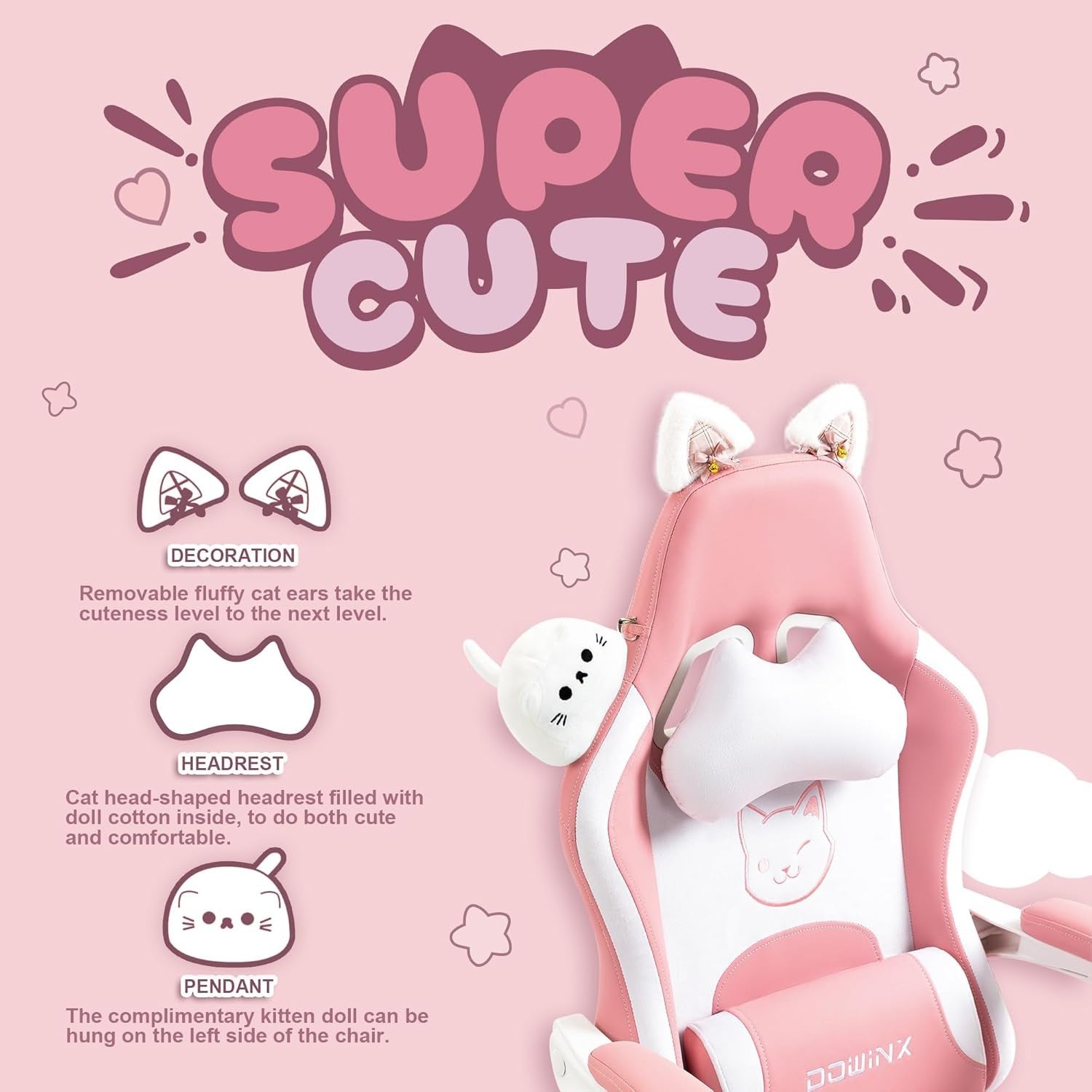 Cute Cat Ear Gaming Chair Massage Lumbar Footrest Pink 290lbs