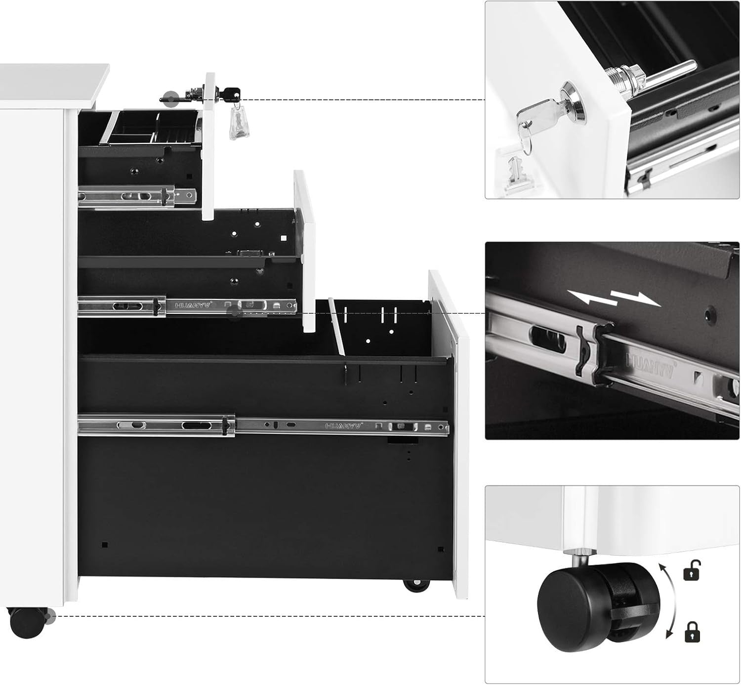 White Mobile File Cabinet 45x30x60cm Lockable Steel 3 Drawer
