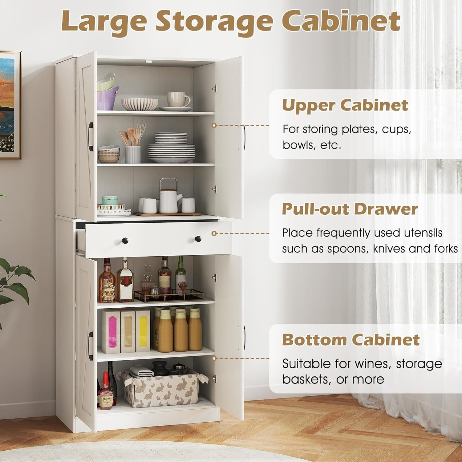 183cm Tall Kitchen Cupboard White 6-Tier Adjustable Shelves Drawer Storage