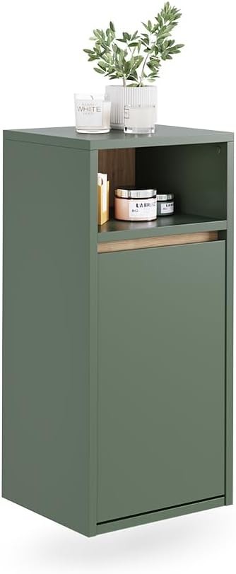 Bathroom Laundry Cabinet with Basket Slim Storage Unit Green Modern Cupboard
