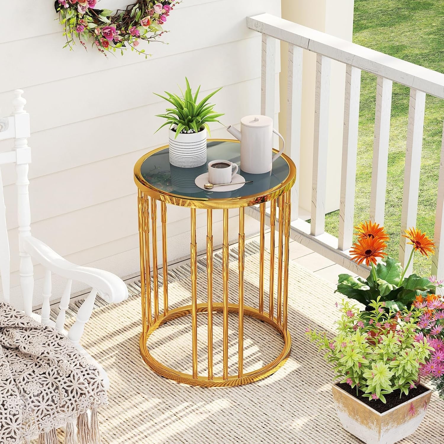 Round Gold Side Table with Glass Top | Modern Accent Sofa End Table 40cm