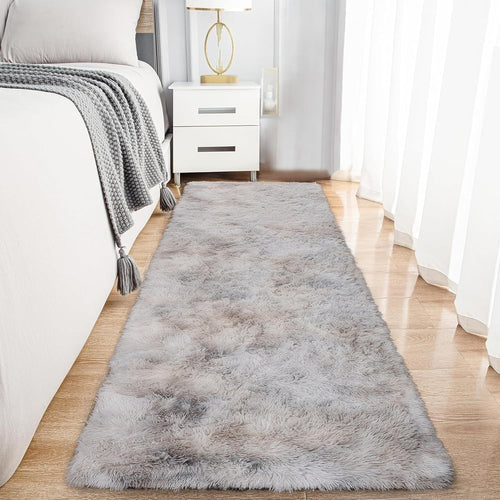 Light Grey Runner Rug 80x300cm Fluffy Shaggy Tie Dye Non Slip Thick Pile Carpet