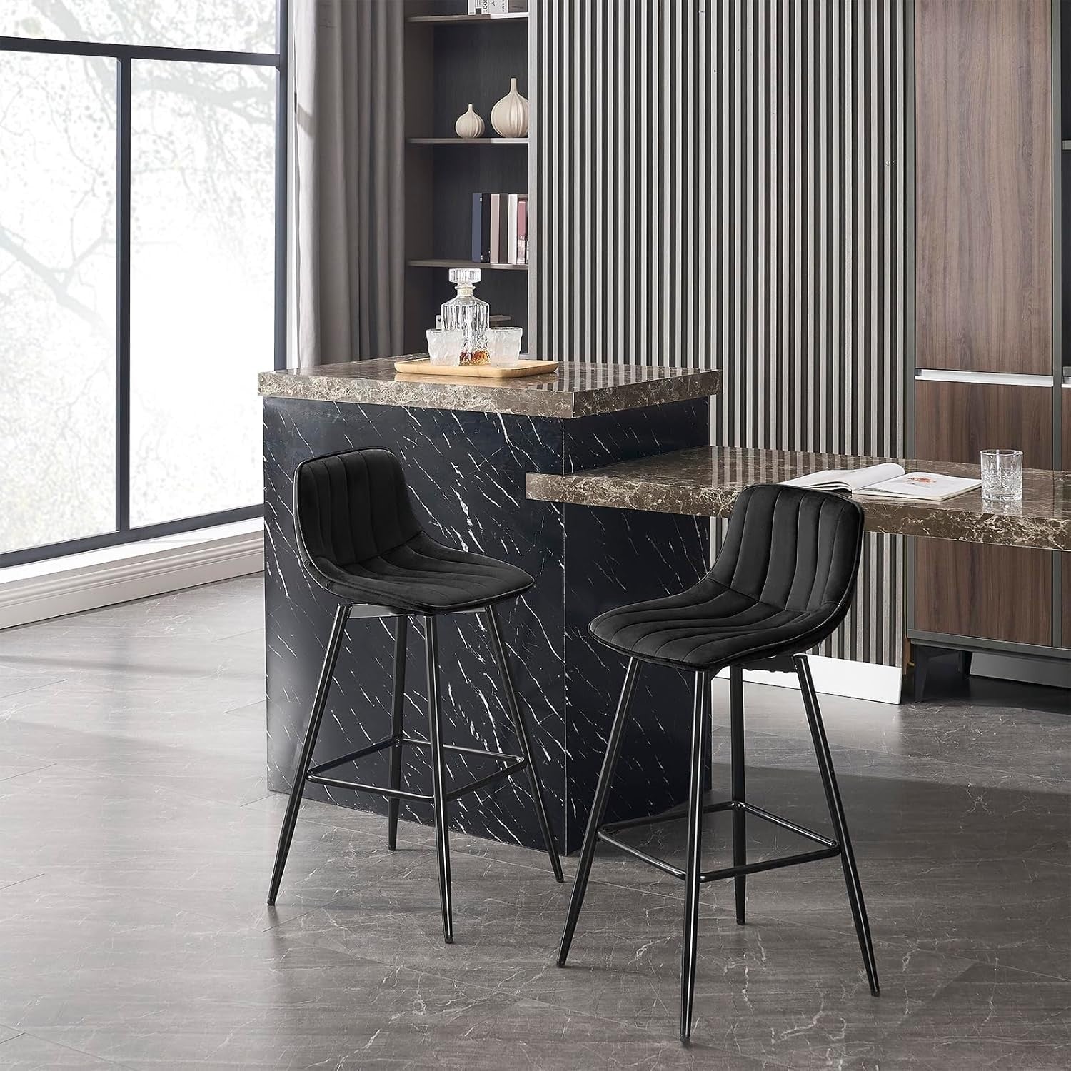 Retro Velvet Bar Stools Set of 2 Black Metal Kitchen Counter Chairs