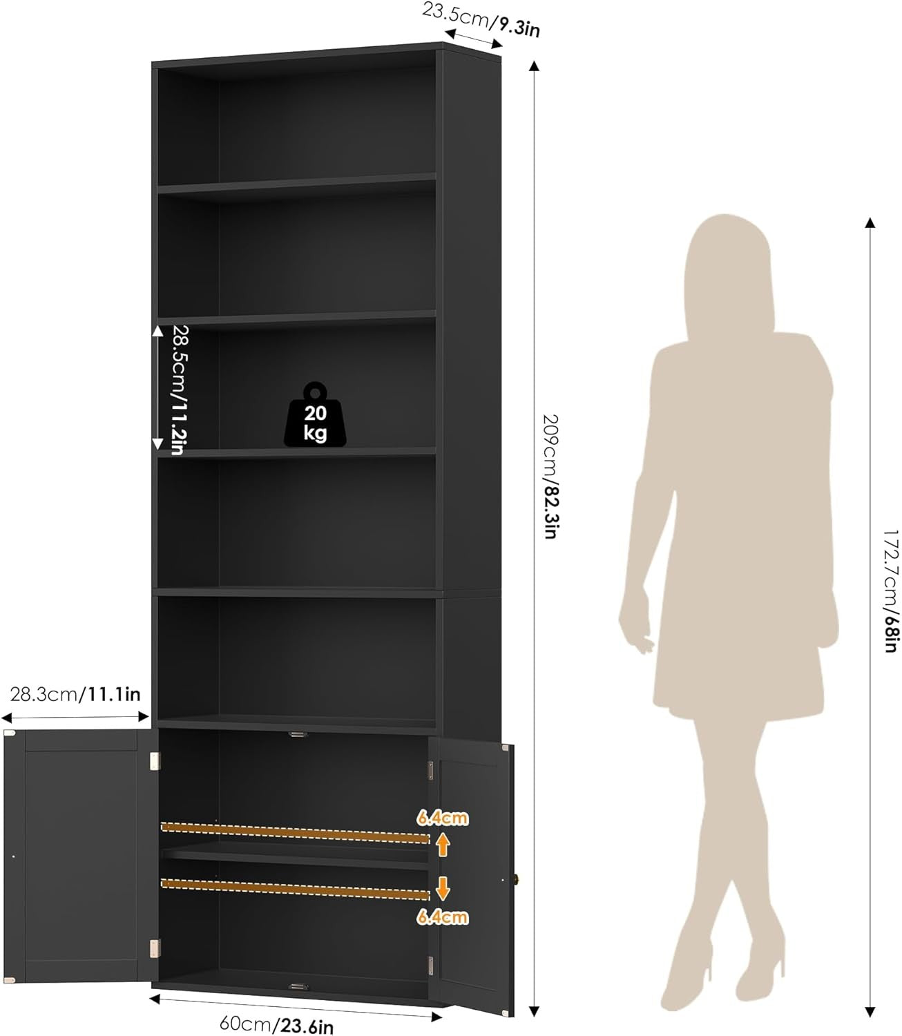 Tall 7-Tier Bookcase with Doors Modern Storage Cabinet Adjustable Shelves Black