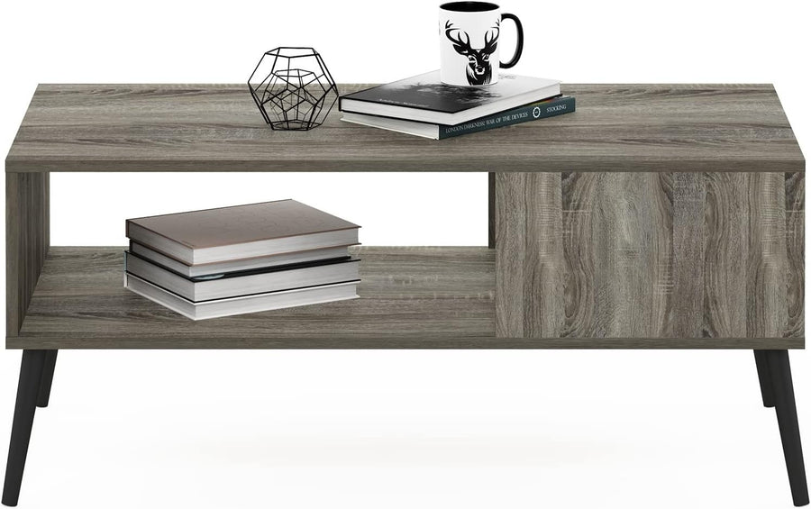 Mid Century Coffee Table with Wood Legs & 3 Open Shelves – 100x50cm Storage