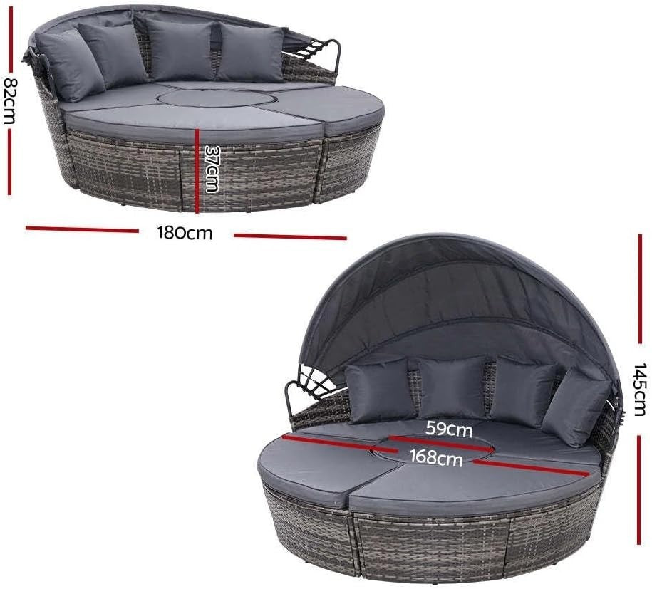 5-Piece Outdoor Rattan Day Bed Set with Cushions, Canopy & Coffee Table
