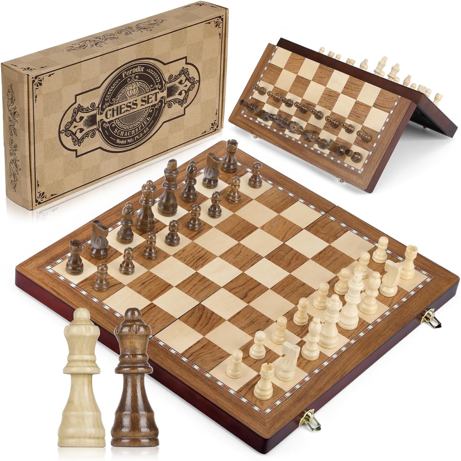 38cm Magnetic Wooden Folding Chess Set with Extra Queens & Storage Box