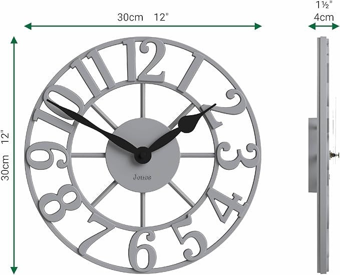 Grey 30cm Skeleton Wall Clock Silent Modern Raised Numerals Metal Home Decor
