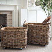 Extra Large Rattan Log Basket With Wheels, Rustic Firewood Storage 50x76cm