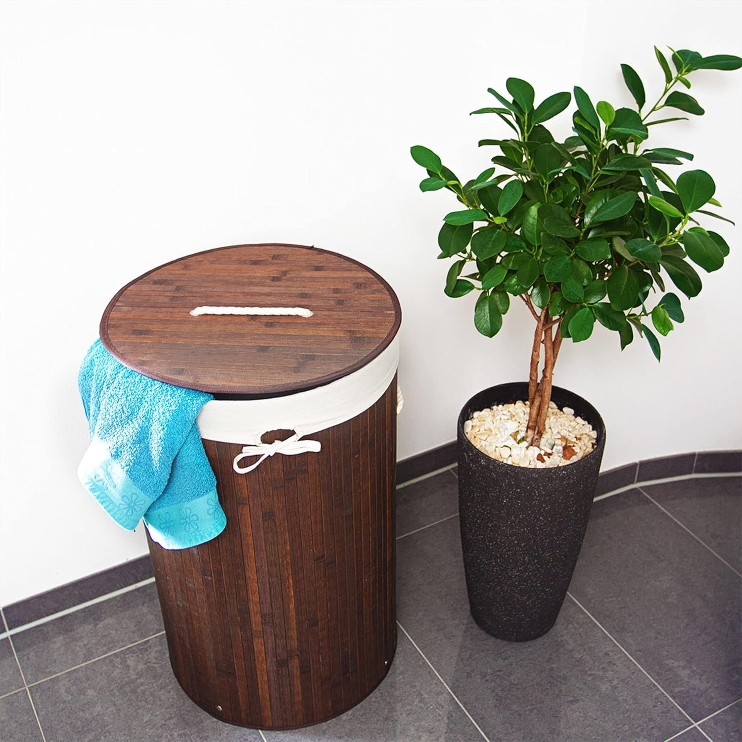 Round Bamboo Laundry Basket 80L with Lid & Cotton Liner Foldable Brown 65×41cm