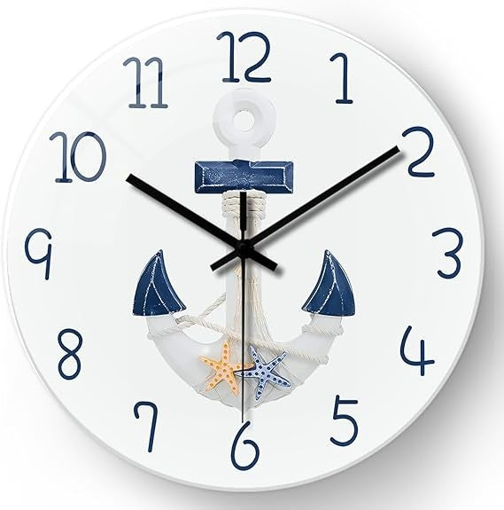 Large 16" Nautical Wall Clock Silent Anchor Design Coastal Home Decor