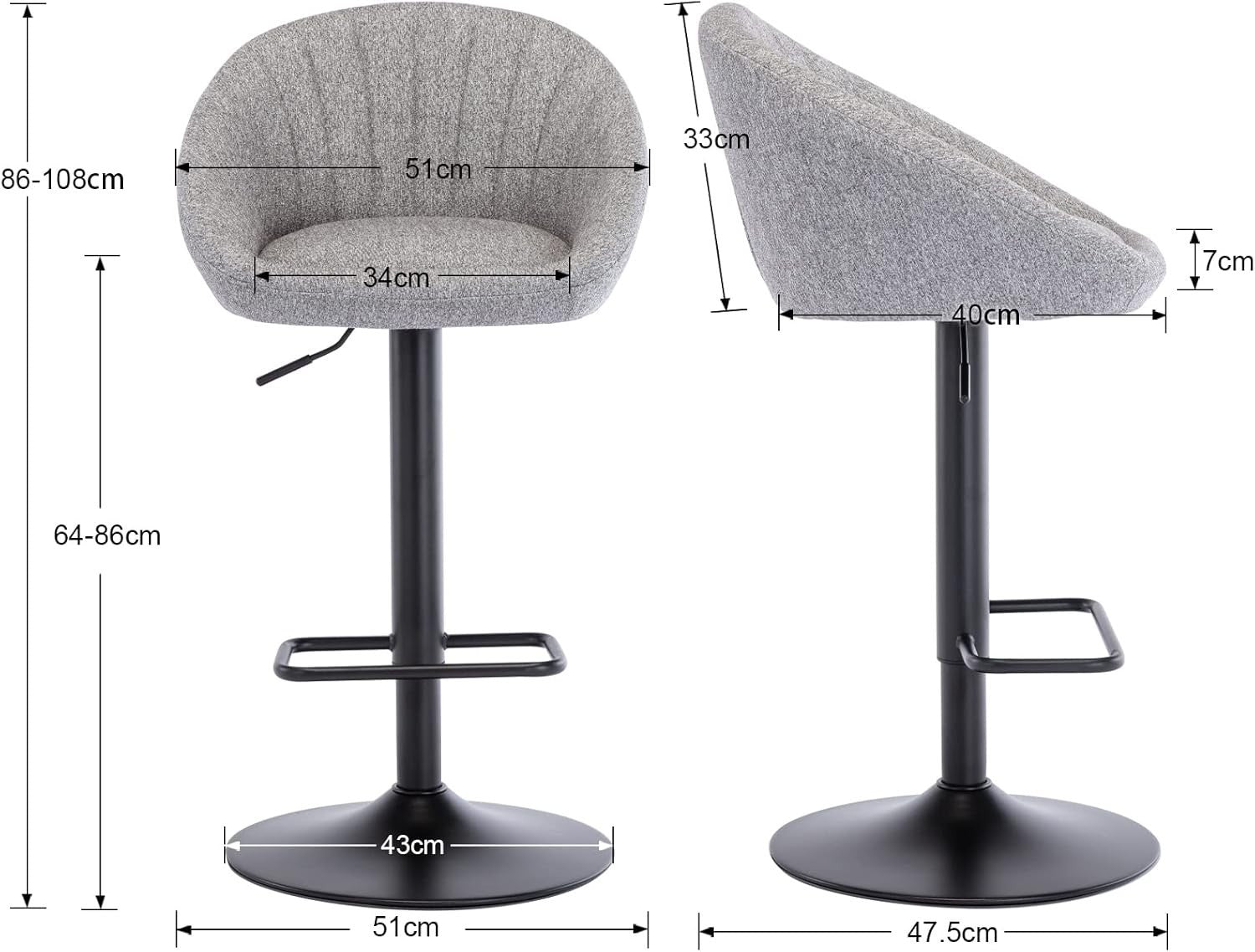 Bar Stools Set of 2 | Grey L-Shaped Adjustable Counter Chairs