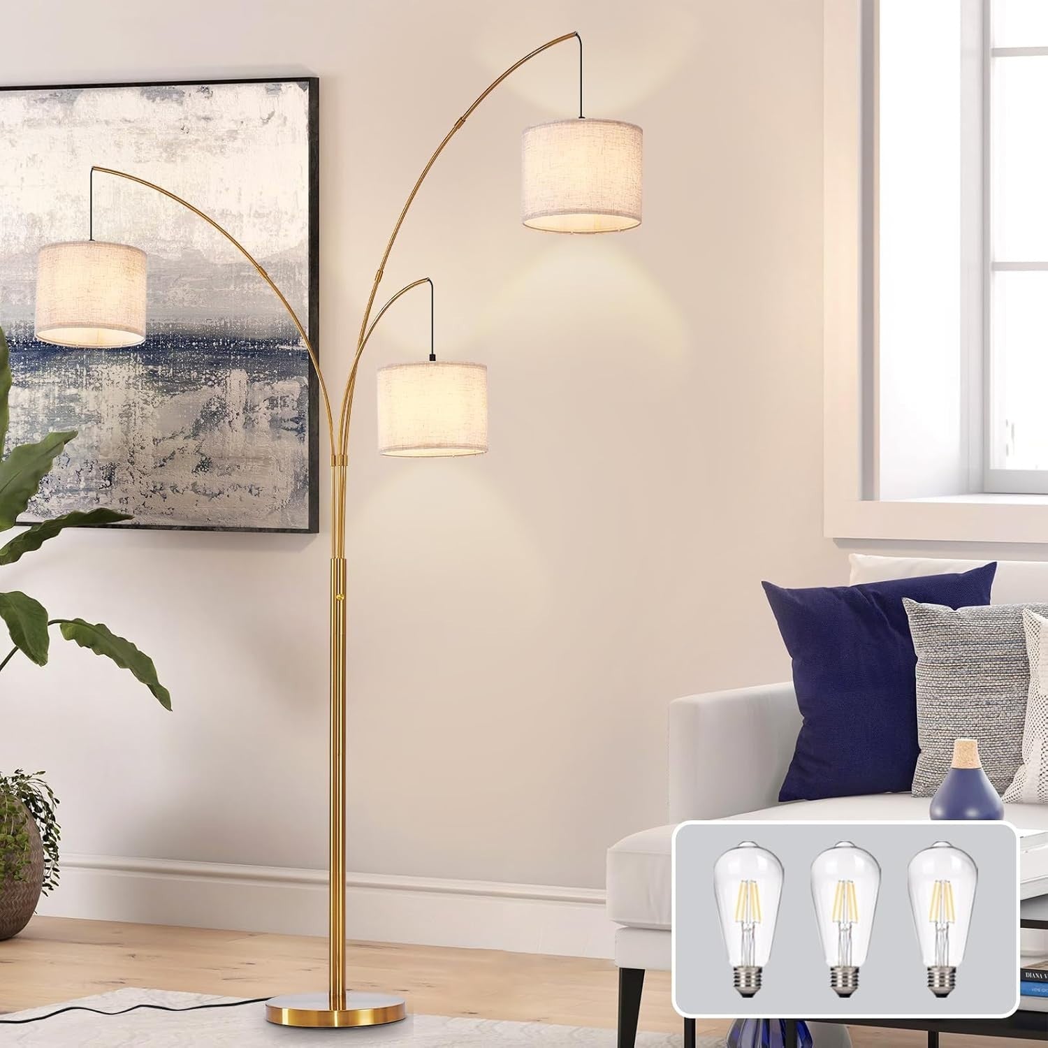 3-Head Gold Arc Floor Lamp Beige Shade Dimmable LED Living Room Light