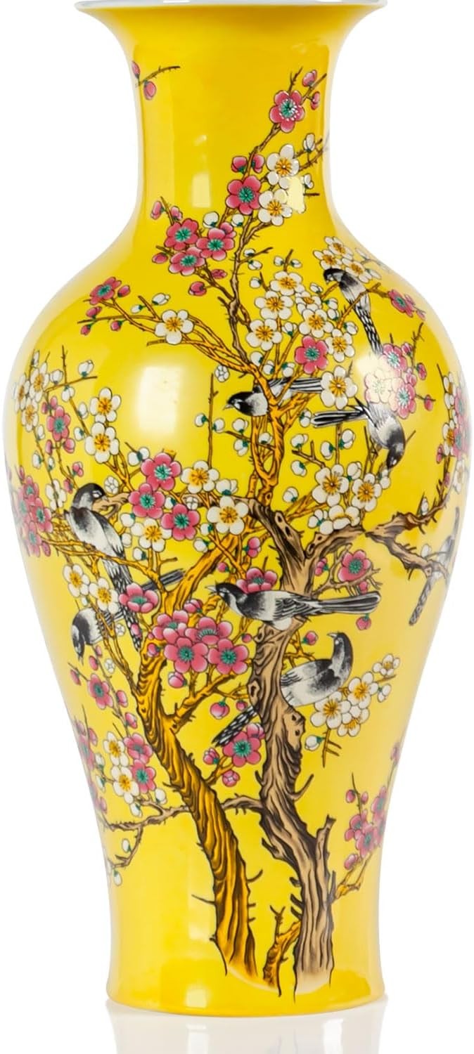 14 Inch Yellow Ceramic Flower Vase Hand Painted Luxury Table Centerpiece