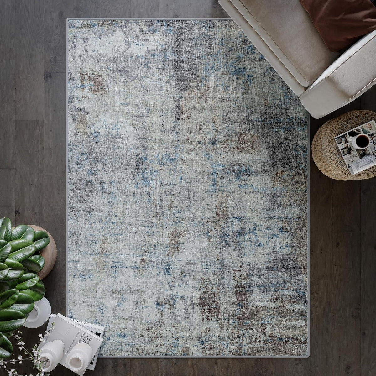 Washable Rug 152x213cm Non-Slip Soft Vintage Blue Brown Carpet Living Room