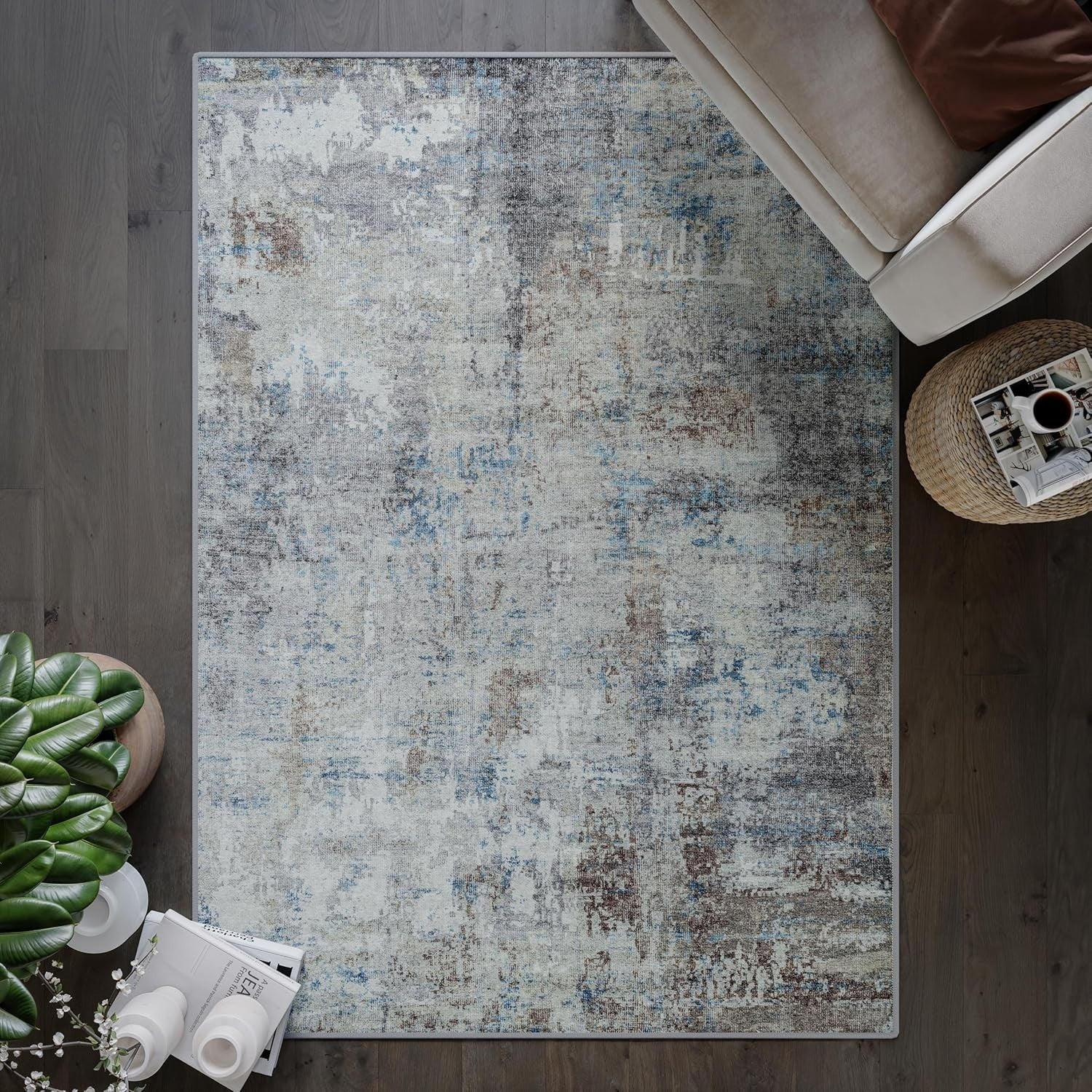 Washable Rug 152x213cm Non-Slip Soft Vintage Blue Brown Carpet Living Room