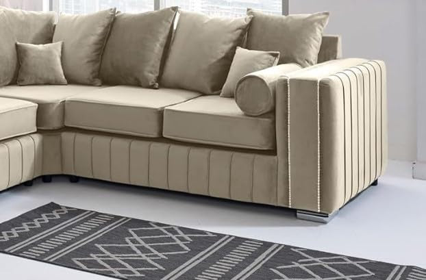 Cream Velvet Corner Sofa 5 Seater 2C2 L-Shaped Couch with Chrome Legs