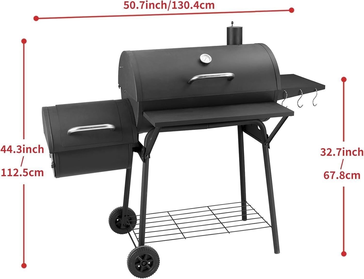Charcoal BBQ Grill with Offset Smoker, Large Barrel BBQ with Thermometer