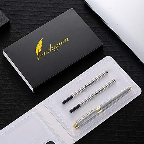 Luxury Rollerball Pen Silver Executive Gift Box 2 Refills Black Ink 0.7mm