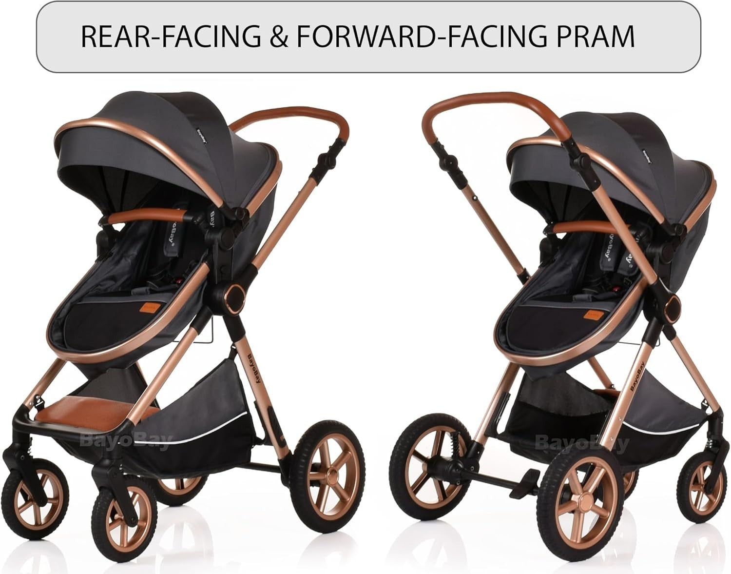 3in1 Baby Pram Travel System Pushchair with Car Seat Foldable Grey Gold