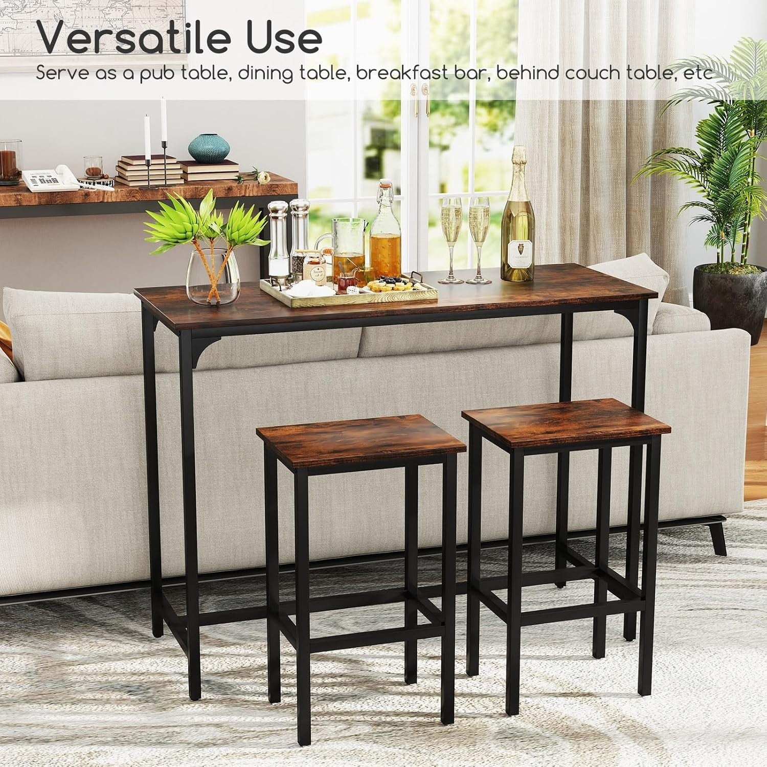 3 Piece Bar Table Set 2 Stools Space Saving Counter Height Dining Coffee Black