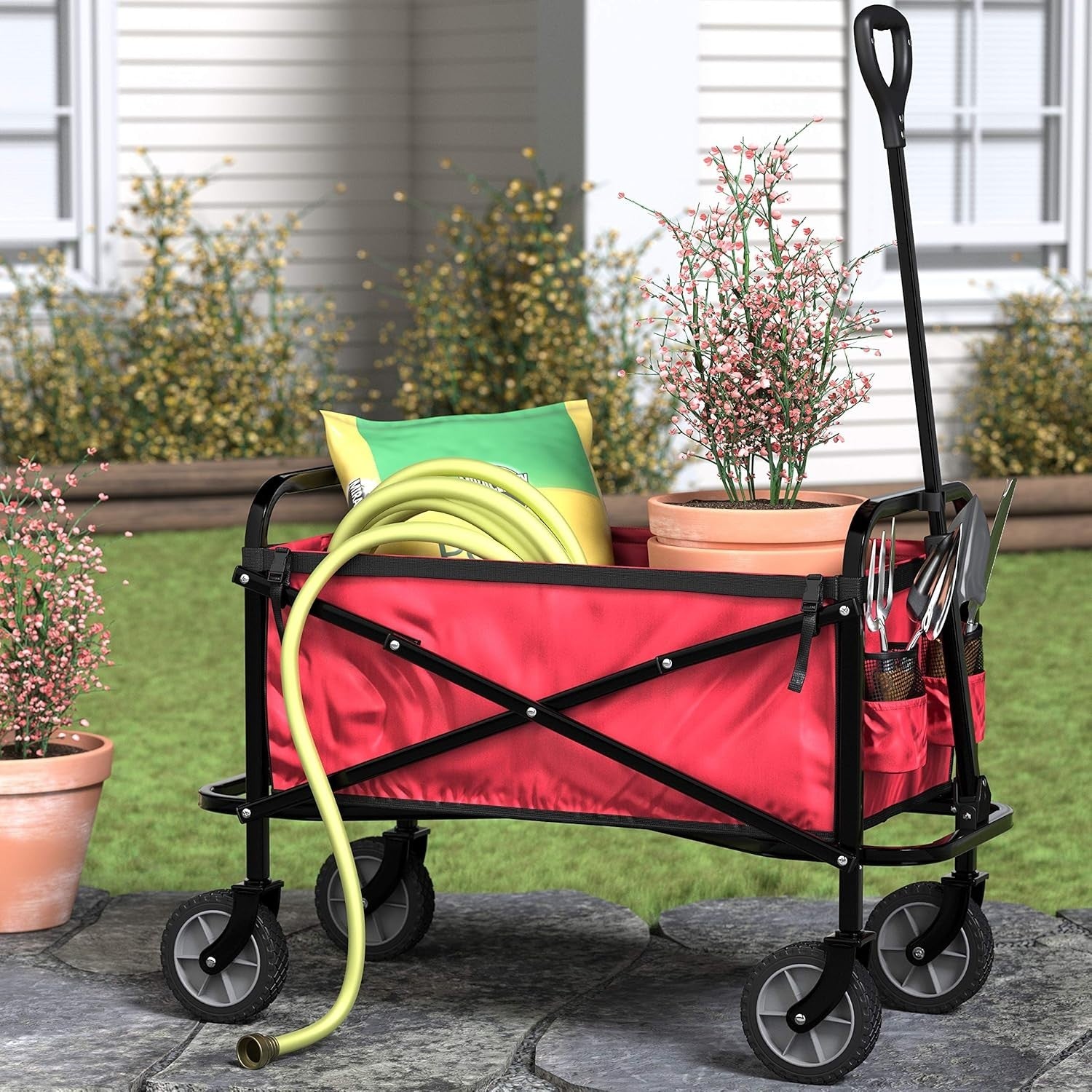 Collapsible Utility Wagon Foldable Outdoor Garden Beach Cart Red