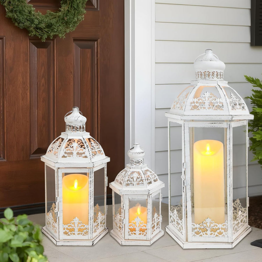 3-Pack White Grey Vintage Metal Candle Lanterns