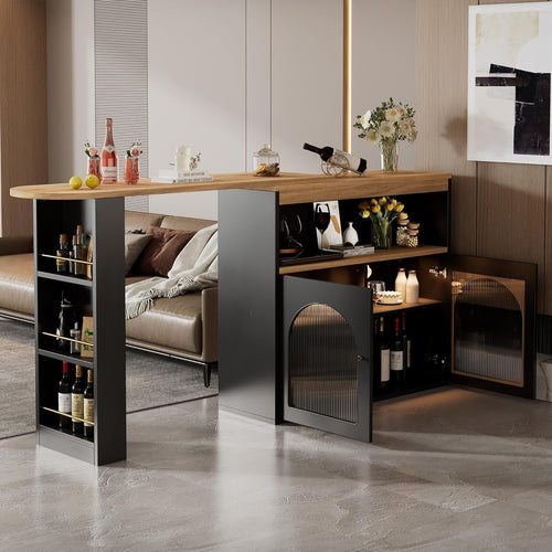 360° Swivel Bar Table LED Strip & 3 Tier Storage Shelves Modern Black Furniture