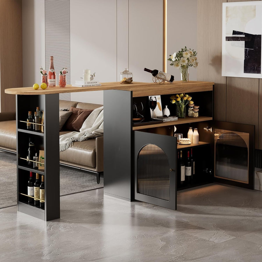 360° Swivel Bar Table LED Strip & 3 Tier Storage Shelves Modern Black Furniture