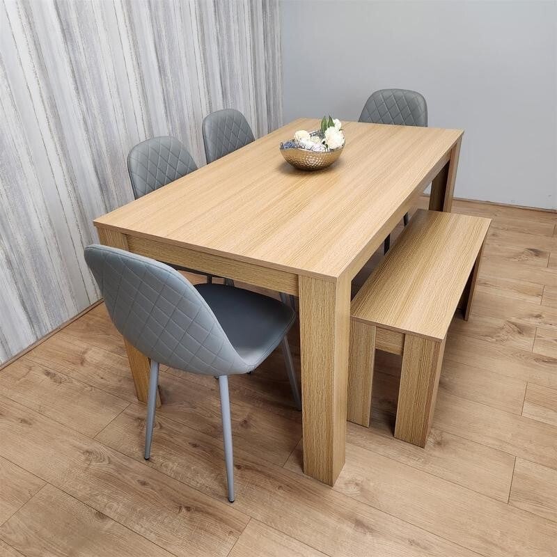 6 Seater Oak Dining Table Set with Bench & 4 Grey Chairs for Kitchen