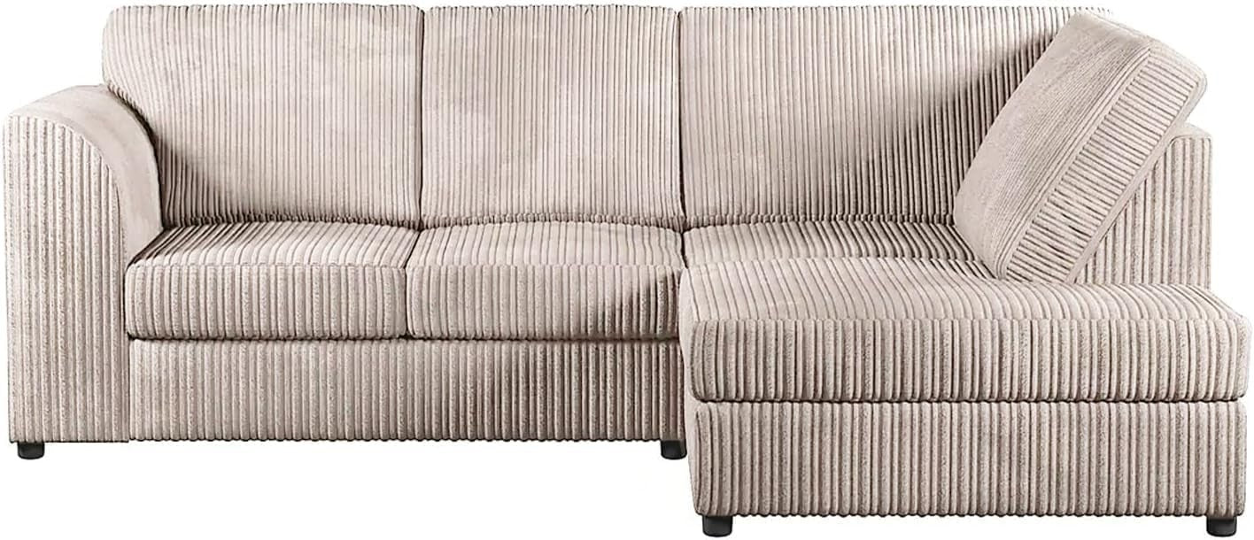 High Back Jumbo Cord 4-Seater Right Hand Corner Sofa Cream L-Shape