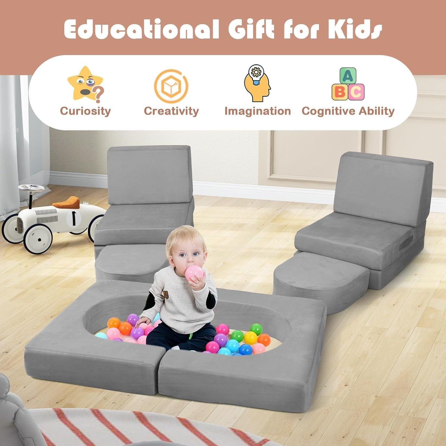 Kids Modular Play Sofa 8pc Couch Bed Set Grey Foam Furniture Washable
