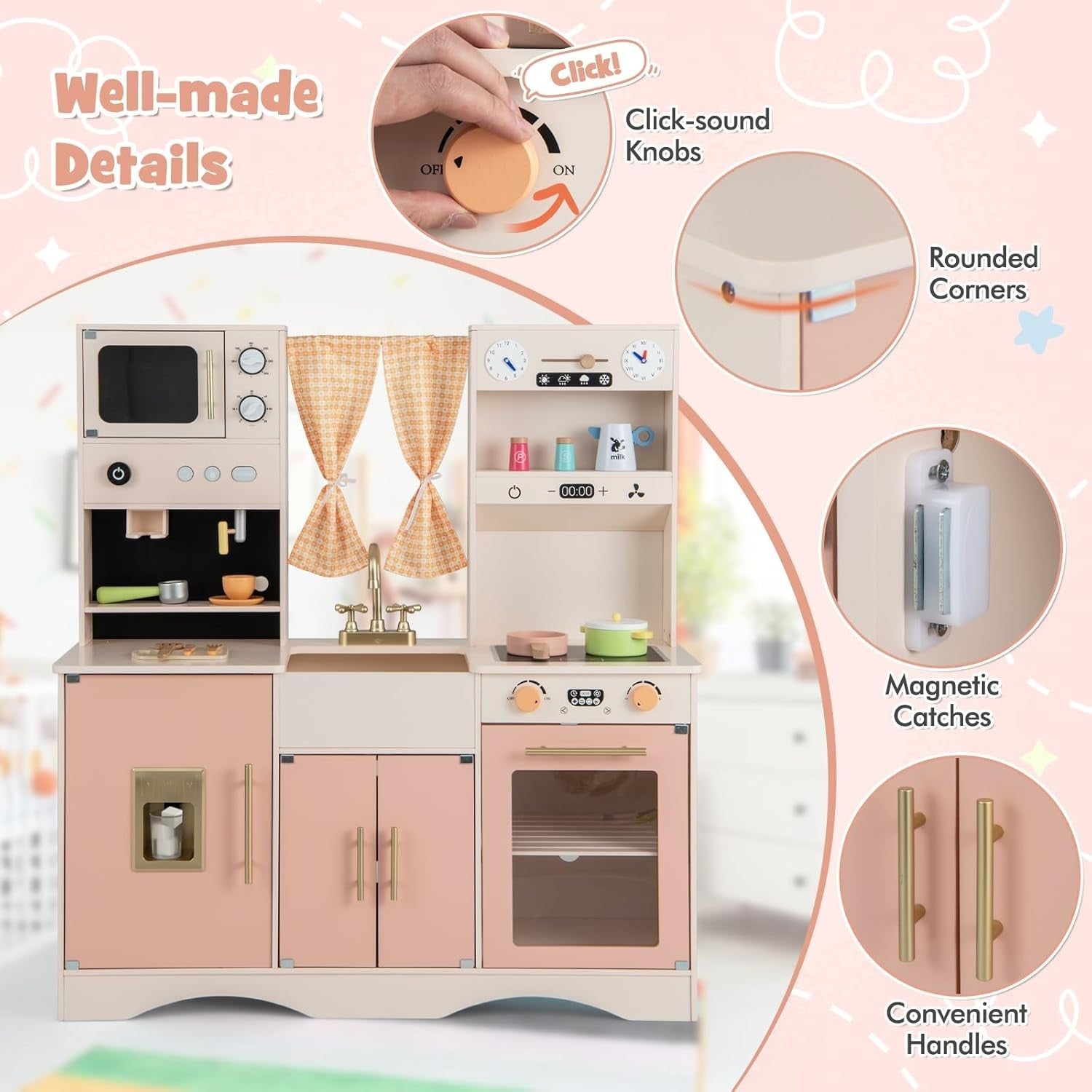 Retro Pink Wooden Play Kitchen Ice Maker Coffee Station Toy Set