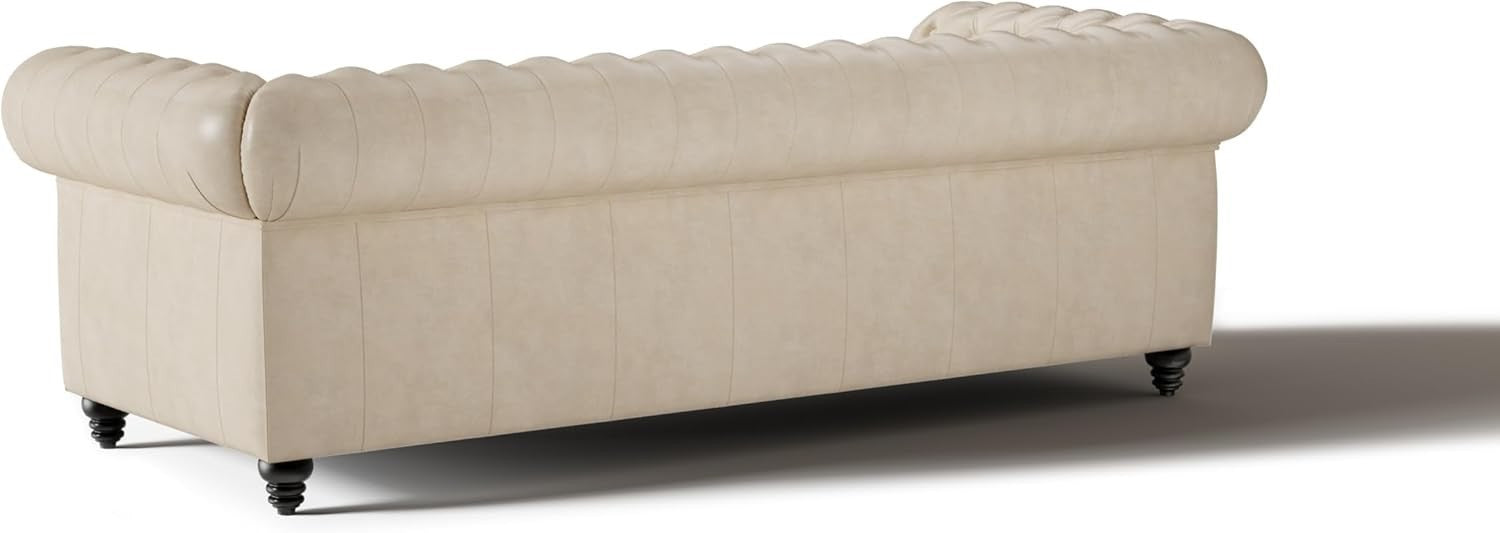 92" Beige Leather Chesterfield Sofa Full Aniline Tufted Luxury Couch