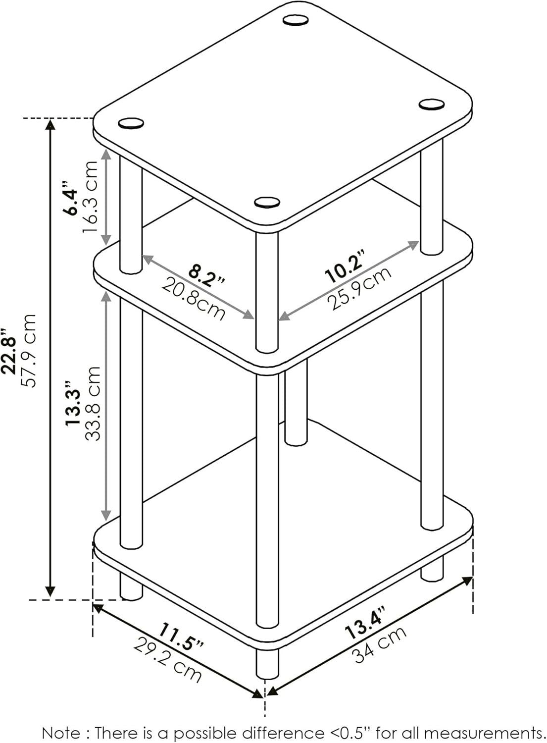 3 Tier End Side Table Small Nightstand – Slim Storage Unit 57.9cm High