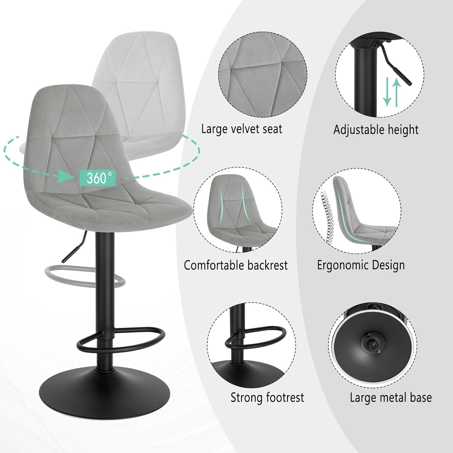 Adjustable Swivel Light Grey Velvet Bar Stool L-Shaped Seat 60-81cm