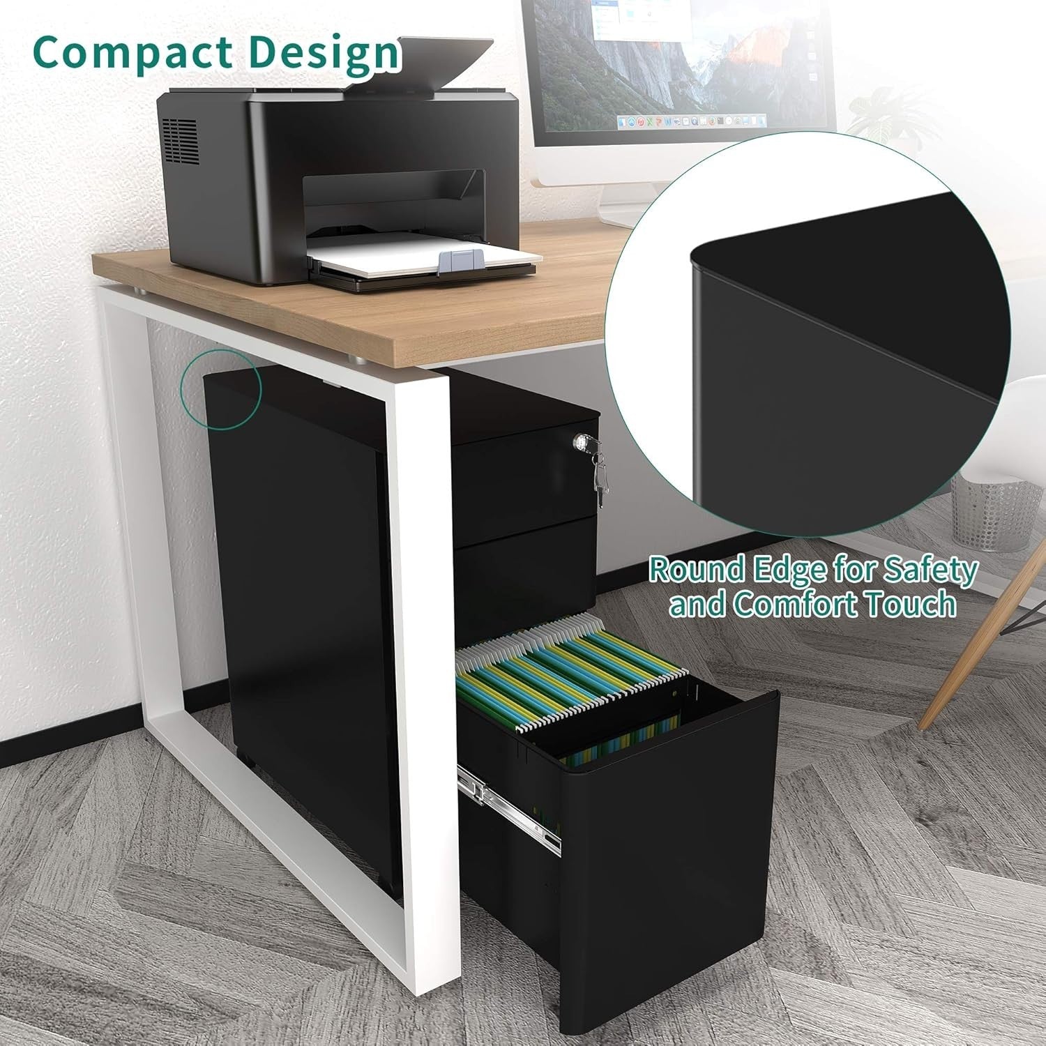 3 Drawer Mobile Filing Cabinet Lockable Steel A4 Letter Under Desk Black