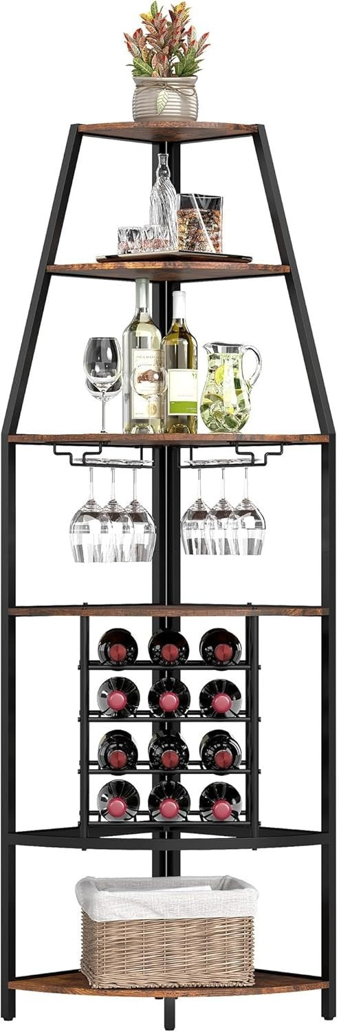 Corner Wine Bar Cabinet 5-Tier Industrial Wine Rack with Glass Holder