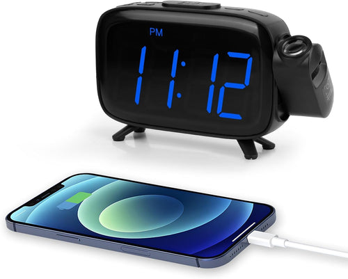 Projection Alarm Clock Large LED USB Charger Dual Alarm Snooze Dimmer
